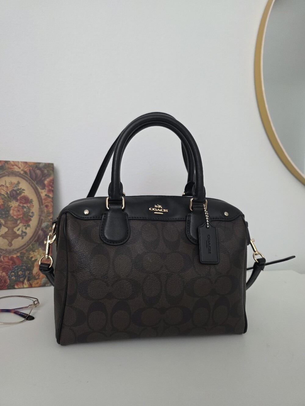 Coach Dark Brown Signature Mini Satchel with Black Strap